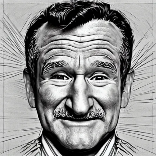 Prompt: portrait of robin williams, caricature,, mashup between mc escher and vincent van gogh