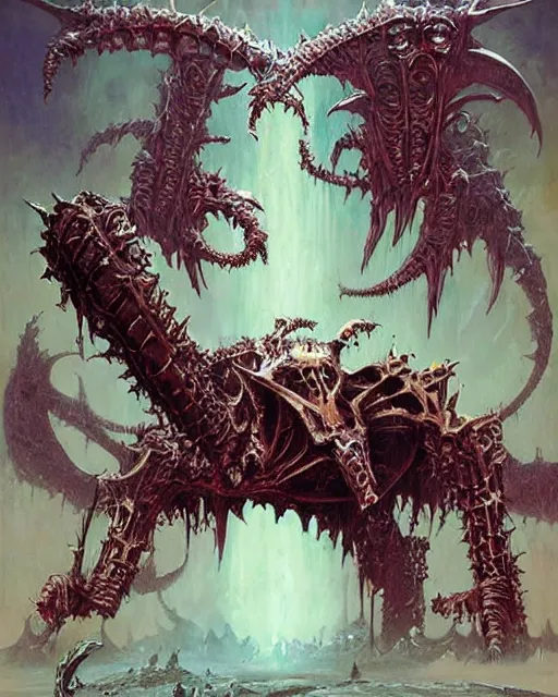 Image similar to biomechanical warhammer final boss creature vecna, art by bruce pennington and peter mohrbacher