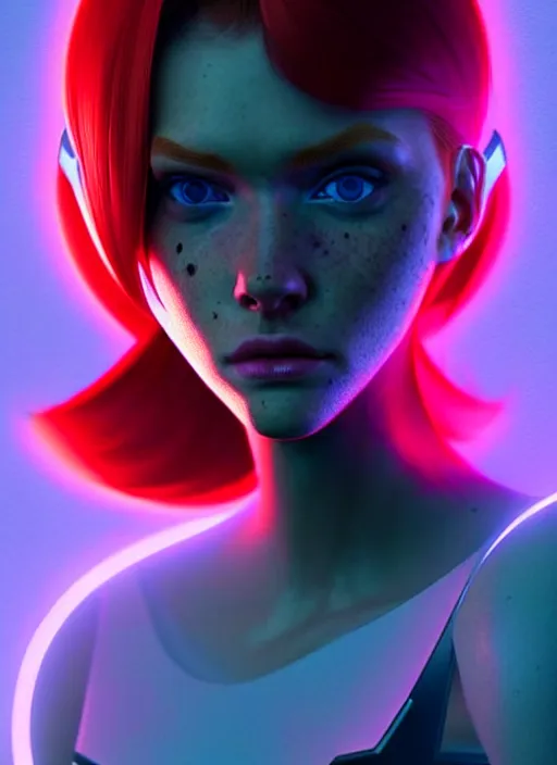 Image similar to an extremely beautiful redhead american female humanoid with freckled cheeks, cyber neon lighting, by loish, d & d, fantasy, futurism, cyberpunk fashion clothes, elegant profile posing, perfect anatomy, hyper photorealistic, digital photography, artstation, pinterest, concept art, art by pascal blanche and greg rutkowski,