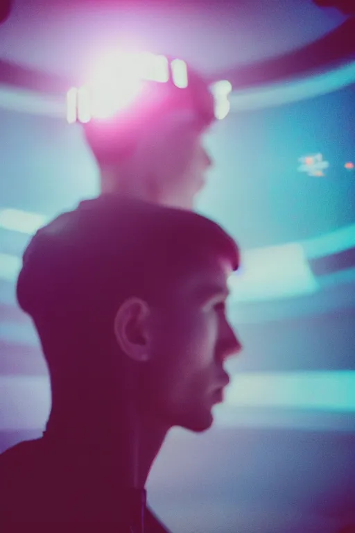 Image similar to agfa vista 4 0 0 photograph of a skinny guy on a spaceship, futuristic, synth vibe, vaporwave colors, lens flare, flower crown, back view, moody lighting, moody vibe, telephoto, 9 0 s vibe, blurry background, grain, vintage, tranquil, calm, faded!,