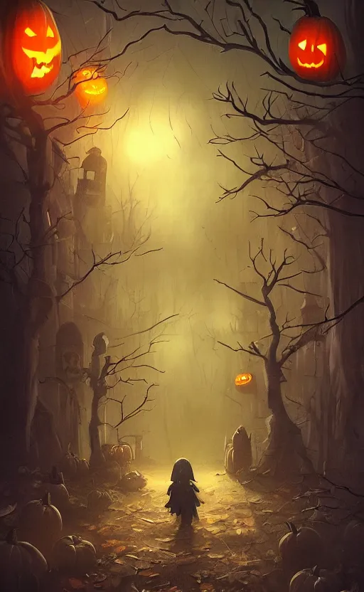 Image similar to a creepy and eery Halloween setting, with Jack o lanterns on the street and shadow figures lurking about, dynamic lighting, photorealistic fantasy concept art, stunning visuals, creative, cinematic, ultra detailed, trending on art station, spooky vibe