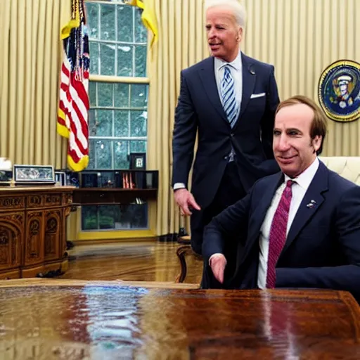 Image similar to Saul Goodman from 'Better Call Saul! shaking hands with Joe Biden in the oval office