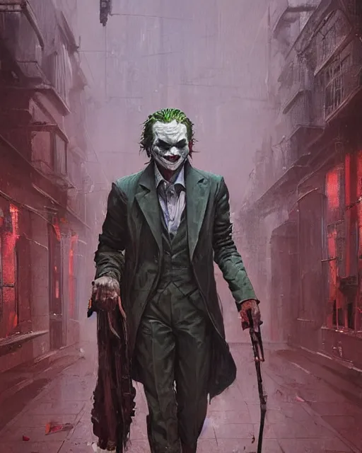 Prompt: a highly detailed epic cinematic concept art CG render digital painting artwork: The joker. By Greg Rutkowski, in the style of Francis Bacon and Syd Mead and Norman Rockwell and Beksinski, open ceiling, highly detailed, painted by Francis Bacon and Edward Hopper, painted by James Gilleard, surrealism, airbrush, Ilya Kuvshinov, WLOP, Stanley Artgerm, very coherent, triadic color scheme, art by Takato Yamamoto and James Jean