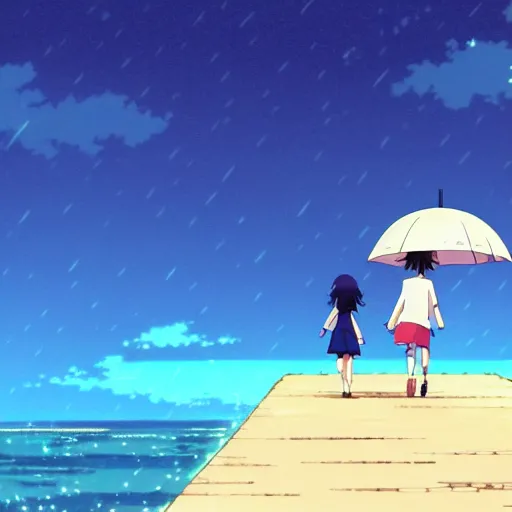 Image similar to anime girl and boy walking together on the Beach, Rain, umbrella, by makoto shinkai, Studio Ghibli, anime wallpaper, illustration, 4k Wallpaper, flat colors