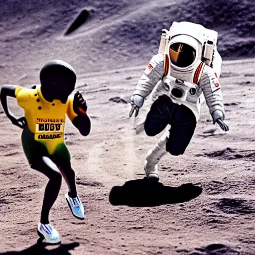 Image similar to usain bolt racing against an astronaut on the moon, kodachrome film