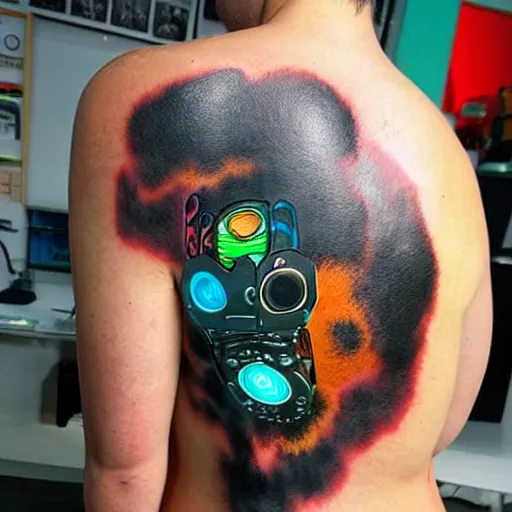 Image similar to backside on the shoulders is a tattoo of a 3 d hole in the skin with multicolored 3 d robotic mechanics and glowing computerparts inside under the skin, insanely integrate,