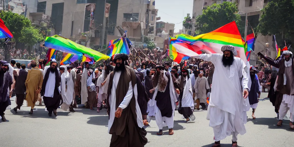 Prompt: Taliban street festival with DJ Osama Bin Laden & a parade of LGBTQ flags (professional photography)