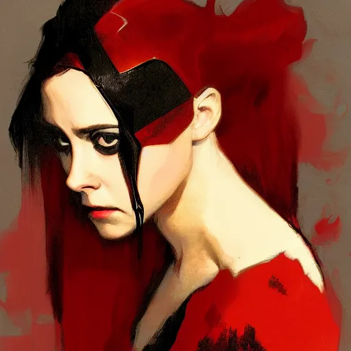 Image similar to alison brie as kristen stewart as iron scarlet witch, intricate, elegant, highly detailed, greg manchess, mucha, liepke, ruan jia, jeffrey catherine jones, ridley scott