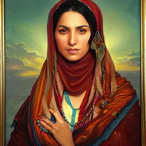 Image similar to portrait of a afghani woman ( 3 5 ) from afghanistan in 2 0 2 1, an oil painting by ross tran and thomas kincade