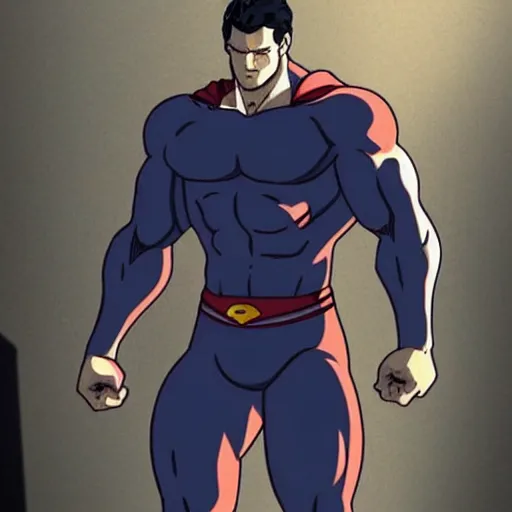 Prompt: still of henry cavill with a very muscular body type, anime art, anime style