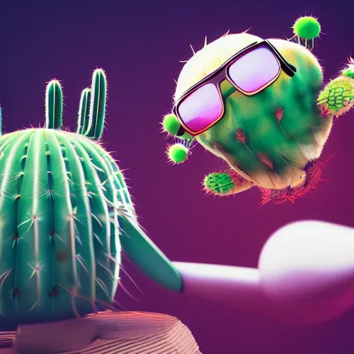 Prompt: a jumping cactus wearing sunglasses, 3d octane render, takashi Murakami artwork