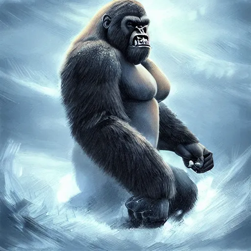 Image similar to angry and aggressive king kong in winter moscow, digital painting, very detailed, art by artgerm