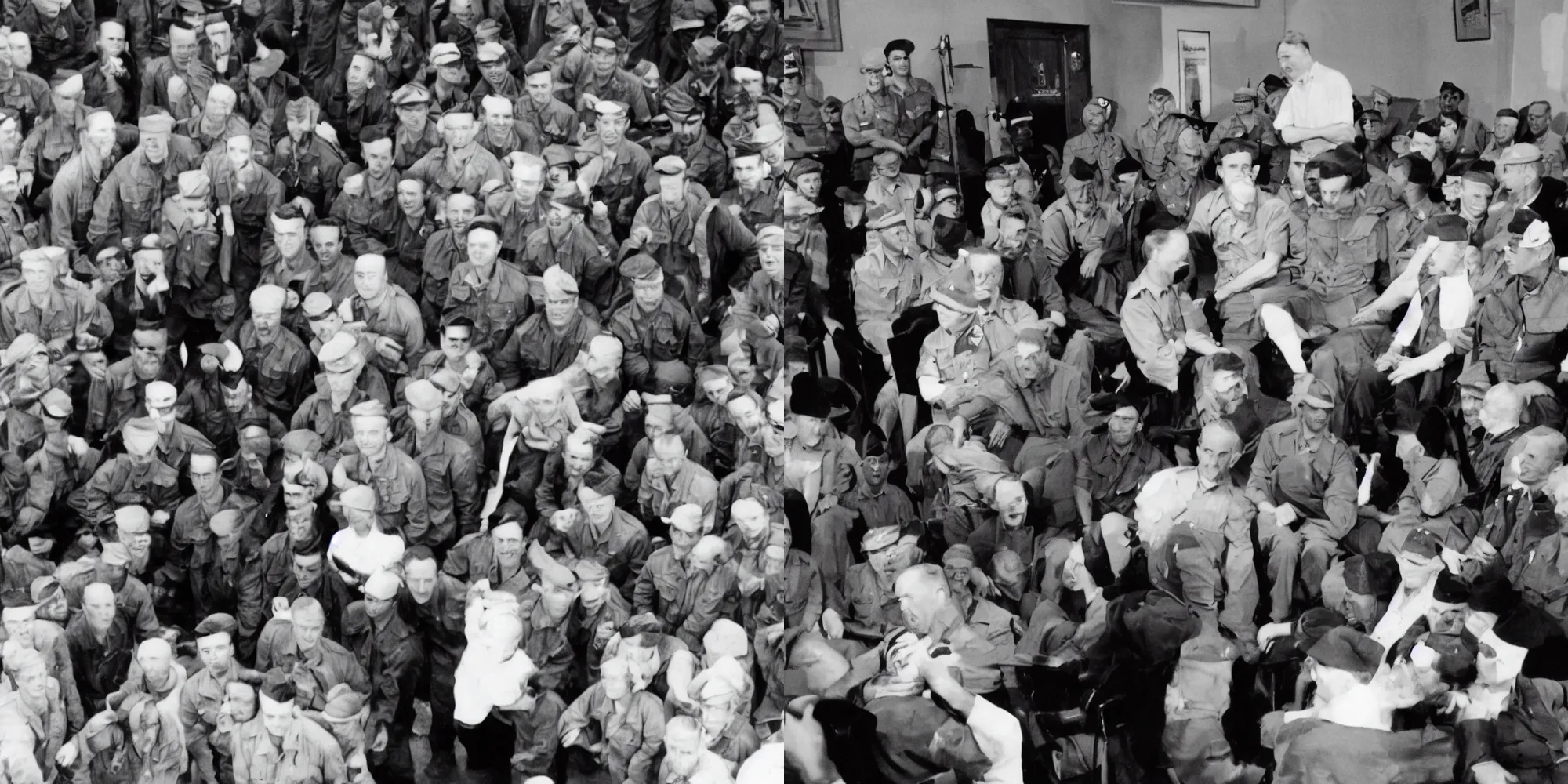 Prompt: Norm MacDonald stand up comedy to a group of world war 2 soldiers, black and white photo