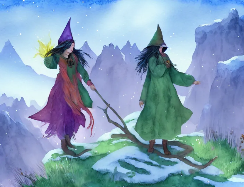 Image similar to bird witch girl in the flowering snowy mountains. complementary colors, watercolor, indie concept art, luminescent, bloom, 4 k, chiaroscuro, backlighting.