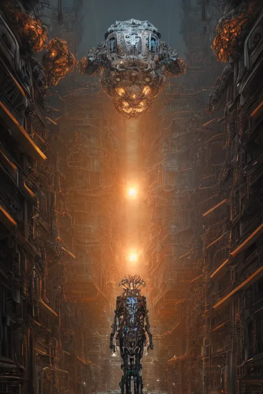 Image similar to A photorealistic 3d render of a robot monster cyborg made of circuits wide view shot by ellen jewett , tomasz alen kopera and Justin Gerard symmetrical features, ominous, magical realism, texture, intricate, ornate, royally decorated, android format, windows, many doors, roofs, complete house , whirling smoke, embers, red adornments, red torn fabric, radiant colors, fantasy, trending on artstation, volumetric lighting, micro details, 3d sculpture, ray tracing, 8k