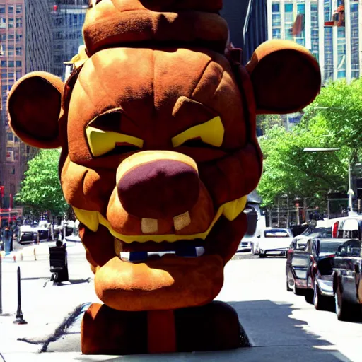 Image similar to giant Freddy Fazbear head in New York hyper realistic photo