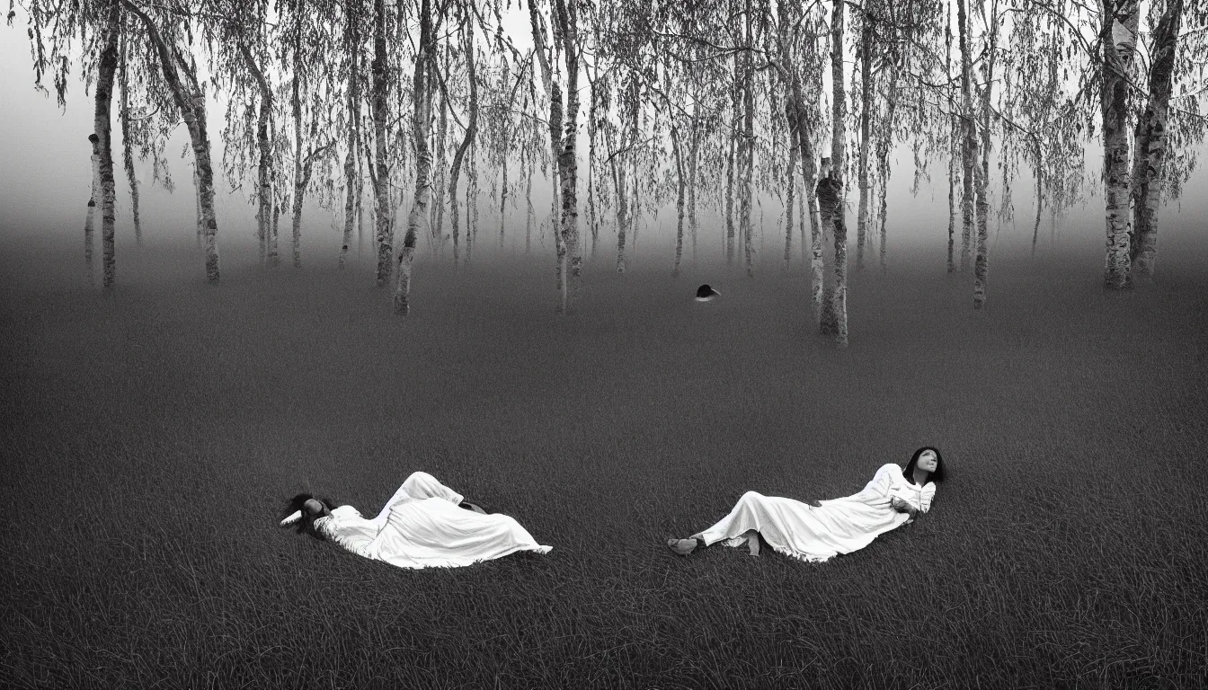 Prompt: woman with white dress lying down in the grass, surounded by 3 man black suit with umbrella in highlands curvy horizon birches grassy foggy flooded swamp dark atmospheric scary ambient vibe very detailed black and white by ansel andams, sebastiao salgado