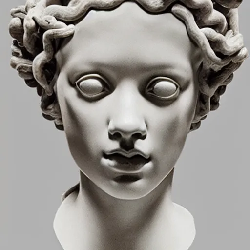 Prompt: Rihanna as a beautiful marble bust of medusa, with ribbons in the style of Escher, by Michelangelo