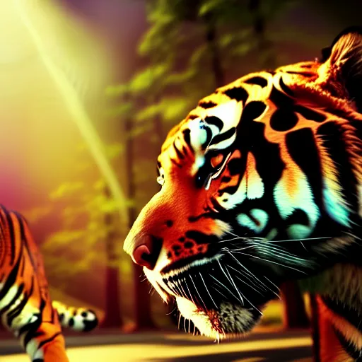 Image similar to photo of a man walking a tiger like a dog ultra realistic, lens flare, atmosphere, glow, detailed, intricate, full of colour, cinematic lighting, trending on artstation, 4 k, hyperrealistic, focused, extreme details, unreal engine 5, cinematic, masterpiece, ultra realistic, hyper realistic, highly detailed, sharp focus, digital art