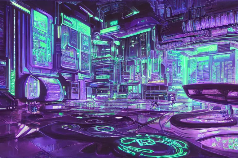 Image similar to A highly detailed rendering of a Cyberpunk room with hologram of a bitcoin messy cables, soft neon purple lighting, reflective surfaces, sci-fi concept art, by Syd Mead and H.R.Giger, highly detailed, oil on canvas