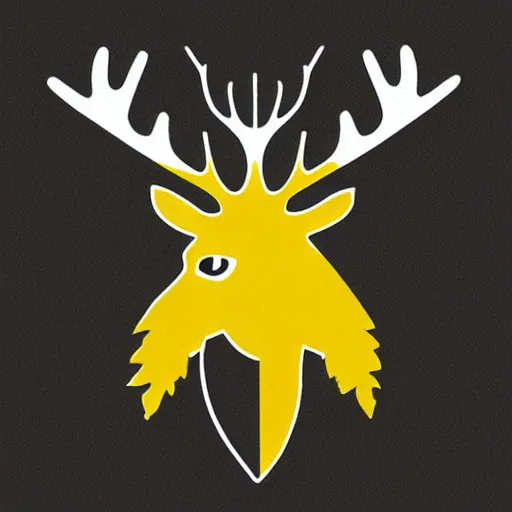 Image similar to a yellow moose with maple leaf antlers logo, black background, logo