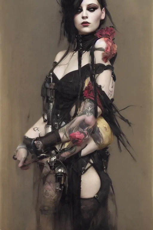 Prompt: Richard Schmid and Jeremy Lipking and Roberto Ferri full length portrait painting of a young beautiful victorian steampunk goth punk rock woman