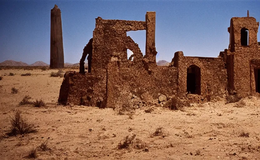 Prompt: movie still: in a desert, a ruined Mexican bell tower. In the foreground lies a bell, half-buried in the ground, by David Bailey, Cinestill 800t 50mm eastmancolor, heavy grainy picture, very detailed, high quality, 4k, HD criterion, precise texture