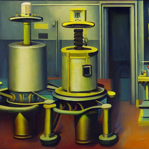 Image similar to engine room, turbines, robot repairmen, reactor core, grant wood, pj crook, edward hopper, oil on canvas