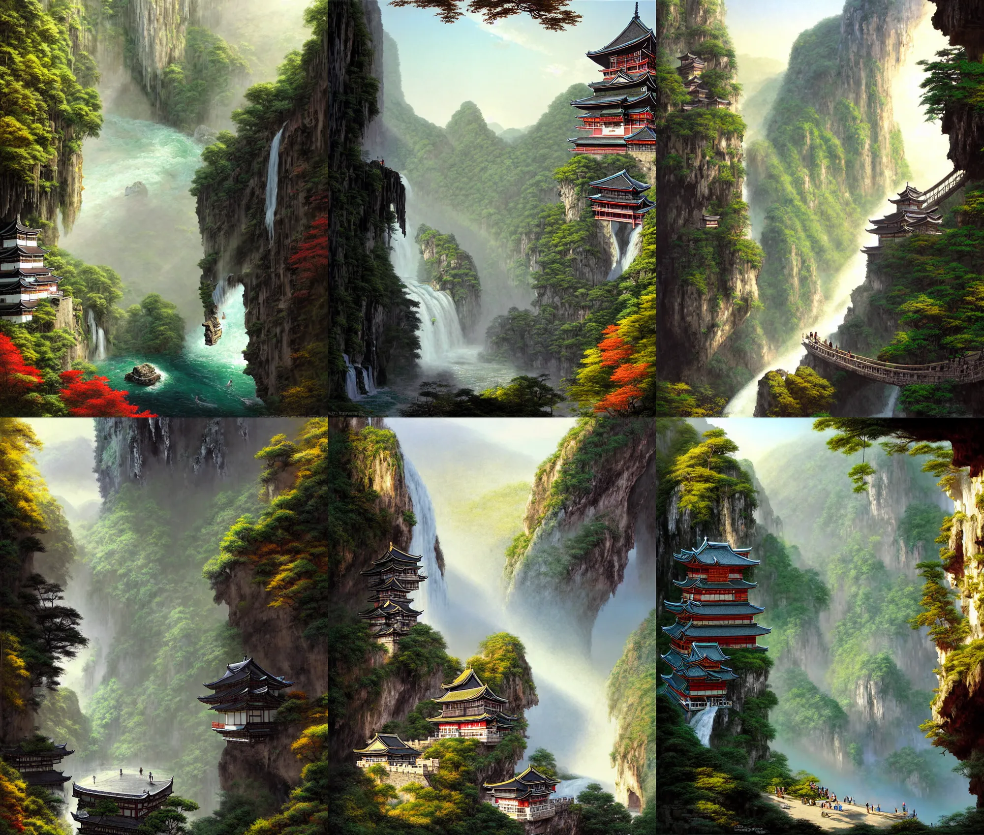 Prompt: establishing wide shot inside han son doong with waterfalls on either side of the cliff walls, at the top of the cliff is a japanese castle, a cloister is built into the cliff walls, an old suspension bridge spans the walls, sunny morning light, sunbeam, saturated colors, detailed digital concept art by greg rutkowski and canaletto and james gurney