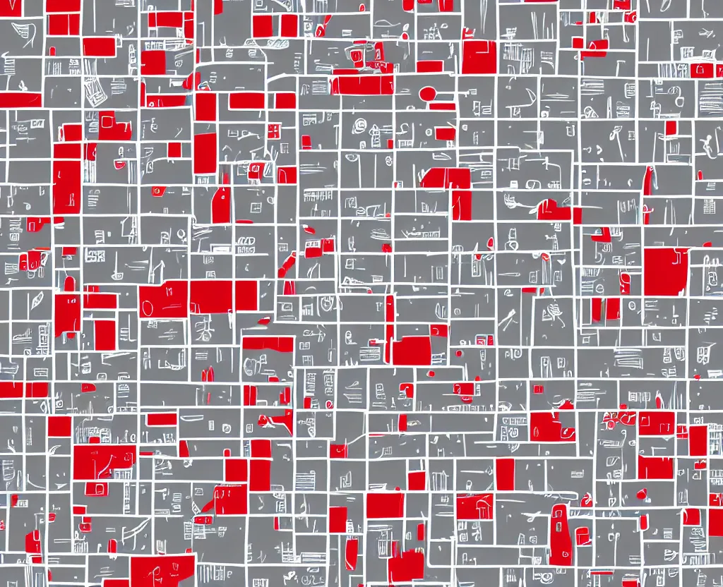 Prompt: tiny red rectangular icons almost completely cover a Muted White on Grey Vector map of a little town, highly detailed