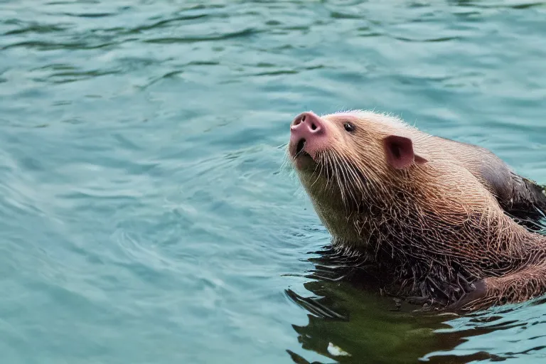 Image similar to a pig sea otter!!! hybrid! hyper realistic!! realistic lighting!! wildlife photographer of the year!!! bold natural colors, national geographic, hd, wide angle, 8 k