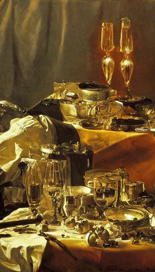 Prompt: still life painting of party hit by asteroid, by Peder Krøyer, golden hour, dramatic lighting, epic, gargantuan, intricate detail, canvas print