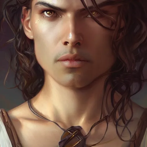 Image similar to beautiful, strong, mixed race, long hair, male, face, head shot, fantasy, highly detailed, digital painting, artstation, concept art, smooth, sharp focus, illustration, art by artgerm and greg rutkowski and alphonse mucha