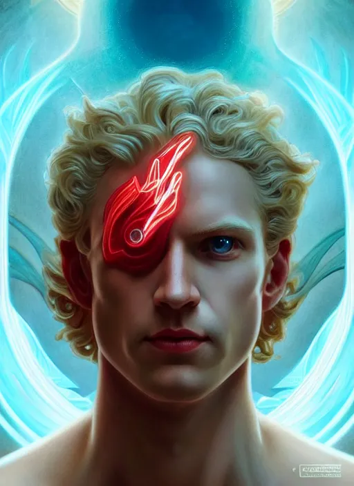 Image similar to the pale blond sun god apollo smirking, full body shot, sci fi, glowing eyes, volumetric lights, red and cyan theme, art nouveau botanicals, intricate, highly detailed, digital painting, artstation, concept art, smooth, sharp focus, cinematic, illustration, beautiful face, art by artgerm and greg rutkowski and alphonse mucha