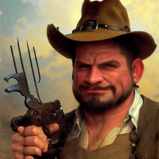 Prompt: detailed portrait painting of cool orc gunslinger by Thomas Kinkade, William-Adolphe Bouguereau and Ted Nasmith, Booru, RPG portrait, fantasy portrait