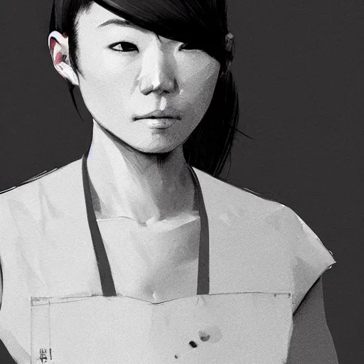 Prompt: portrait of a short muscular Japanese woman with a short ponytail wearing a gray t shirt and a work apron, dramatic lighting, illustration by Greg rutkowski, yoji shinkawa, 4k, digital art, concept art, trending on artstation