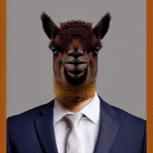 Prompt: a picture of half portrait of a man in suit with an alpaca's head, symmetrical facial features, dark background, octane.