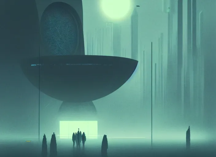 Image similar to exterior portrait of a scifi spacestation, colorful, modern art deco, mads berg, karolis strautniekas, christopher balaskas, stippled light, fog, moody, fine texture, editorial illustration, dramatic lighting, dynamic composition, detailed, matte print, dynamic perspective, muted color, void, sacred geometry