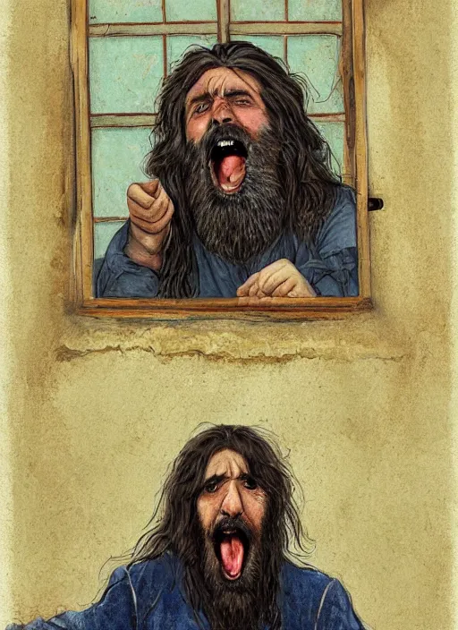 Prompt: cinematography long haired bearded man screaming to the gate interphone by emmanuel lubezky