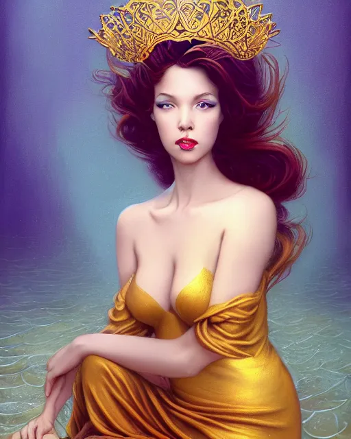 Image similar to a beautiful goldfish woman, pinup pose, long hair, tall and thin, wearing dozens of pendants and a gown of gold, small delicate crown of the sea on her head, illustration, symmetry accurate features, volumetric light clouds, ultra realist soft painting, (art nouveau), octane render, 8k, HD, by Tom Bagshaw, Brom, Charlie Bowater, faces by otto schmidt