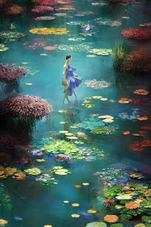 Image similar to nenufar in a pond, colorful, blue backgroung,clean, joyful, intricate, elegant, volumetric lighting, scenery, digital painting, highly detailed, artstation, sharp focus, illustration, concept art, ruan jia, steve mccurry