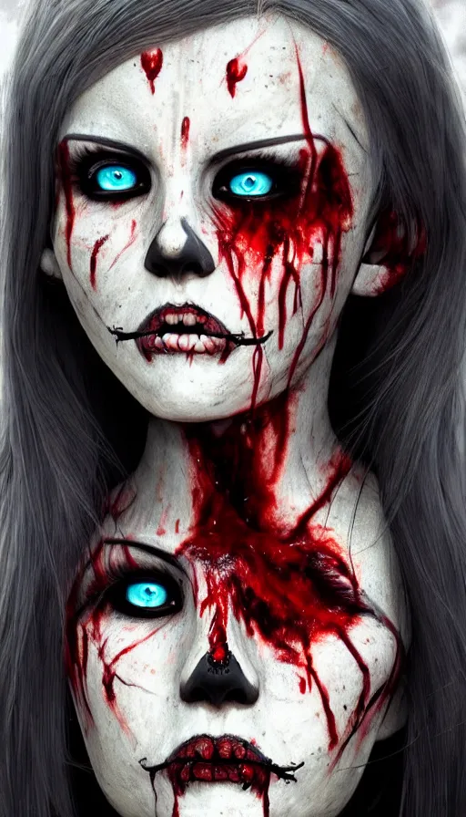 Image similar to skeleton black bones, covered with blood, jessica nigri face!!, highly detailed face, long red hair, beautiful blue eyes, black heavy eyeliner, ultra realistic, concept art, intricate details, photorealistic, octane render, 8 k, unreal engine. retro film still, heavy grain, 3 5 mm, art by artgerm and greg rutkowski and alphonse mucha