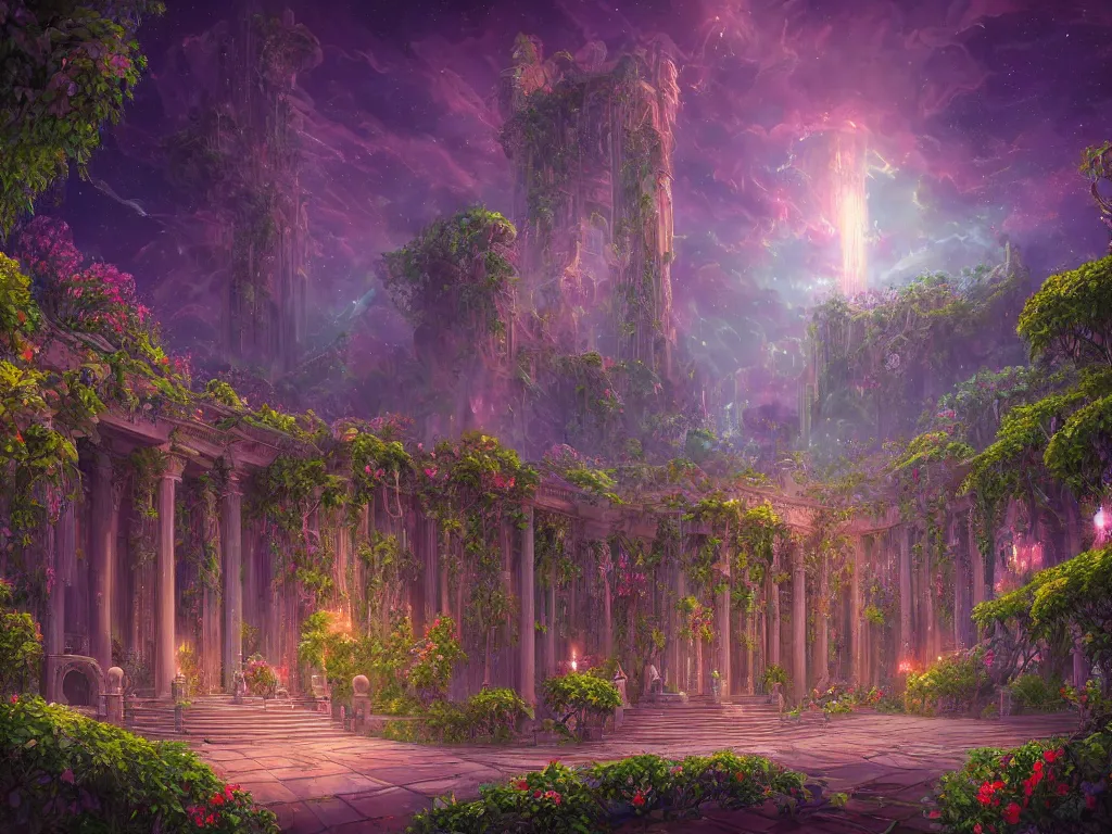 Image similar to beautiful highly detailed digital illustration of a celestial palatial garden with pillars of light towering above. by Andreas Rocha, colorful nebula in the night sky, stars, flowers and vines and creepers, establishing shot, cinematic, architecture, artstation HQ, HD, 8k resolution, featured in art magazine