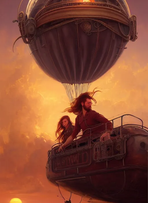 Prompt: portrait painting of a handsome face rugged long hair crimson hair male captain, top half portrait soft hair steampunk ornate mechanical zeppelin blimp airship in the background sky sunset golden hour fantasy soft hair deviantart book cover art dramatic volumetric lighting art by wlop greg rutkowski gaston bussiere