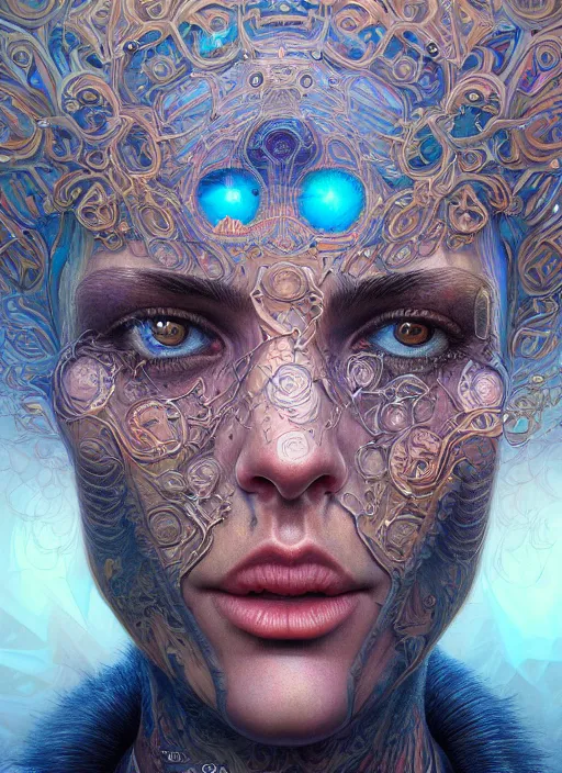 Image similar to hyper detailed masterpiece, psychedelic face tattoo pattern, jean giraud, digital art painting, dream wave aesthetic, ethereal, artgerm, donato giancola, tom bagshaw