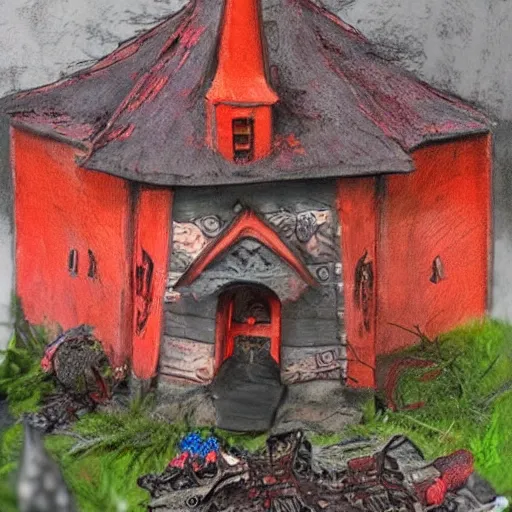 Image similar to Dark and Gloomy Witch house with red roof, in style of Anne Stokes