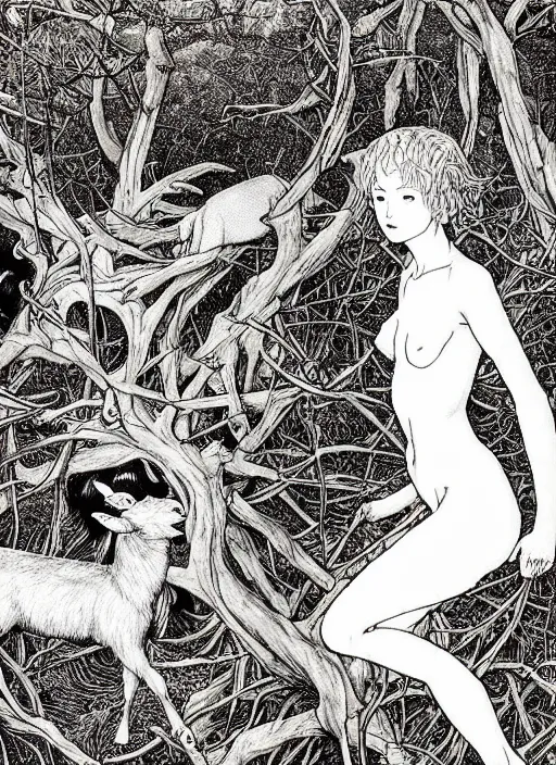 Image similar to boy and girl and a goat in a deep bloody thorns bones forest, by Vania Zouravliov and Takato Yamamoto, high resolution