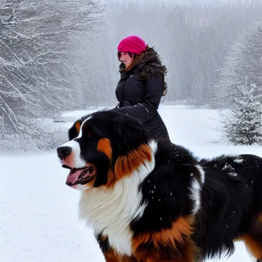 Image similar to girl riding giant Bernese Mountain Dog in the snow, trending on artstation