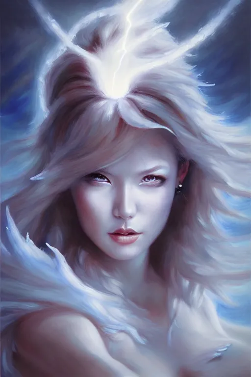 Prompt: oil painting, white, sakimi chan, detailed face, fantasy armor, flying, tony sart, wind, lightning, dramatic lighting