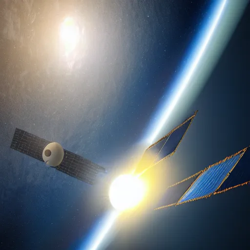 Prompt: an artist's rendering of a coconut satellite in space, a digital rendering by carl eugen keel, featured on cg society, space art, redshift, anamorphic lens flare, reimagined by industrial light and magic